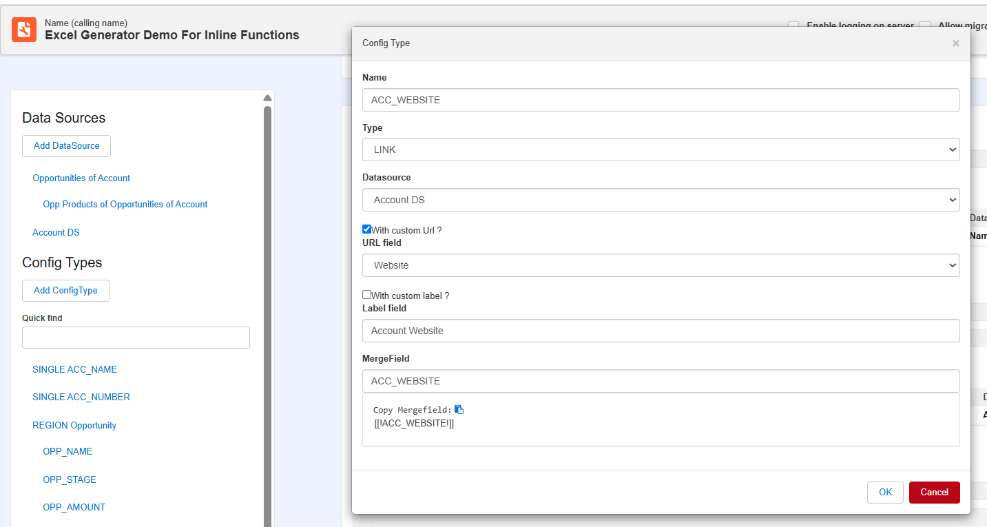 Excel Generator Inline Functions link configtype